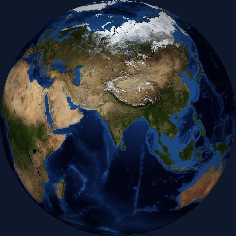 Earth centered on Asia and India, showing BhaShaVox language coverage across continents